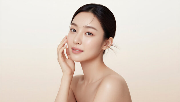 頬に手をあてるアップヘアの女性