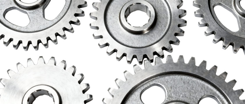 精密に並んだ金属ギアのトップビュー構図で表現する機械的デザイン｜背景なし・透過PNG・コピースペース