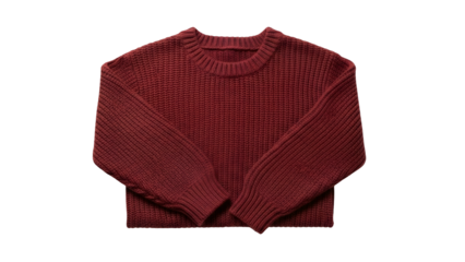 Deep red knitted garment displays texture against a dark background