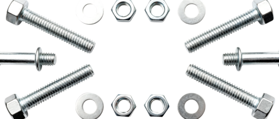 ステンレスパーツを整然と配置したシンメトリー構図のボルトセット｜背景なし・透過PNG・コピースペース