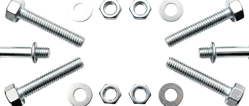 ステンレスパーツを整然と配置したシンメトリー構図のボルトセット｜背景なし・透過PNG・コピースペース