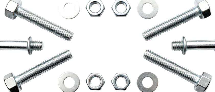 ステンレスパーツを整然と配置したシンメトリー構図のボルトセット｜背景なし・透過PNG・コピースペース