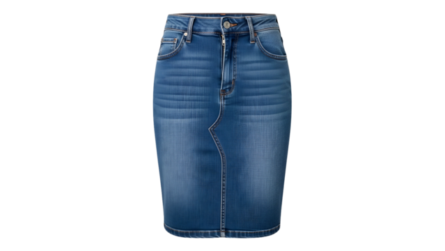 Blue denim pencil skirt displays prominent seam details against a solid black background