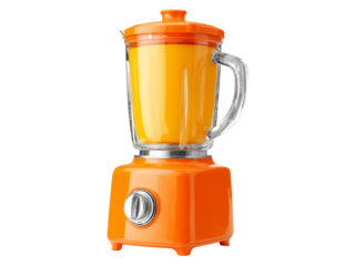 Vibrant orange blender filled with fresh juice ready to blend, Isolated On White Background, Png Transparent