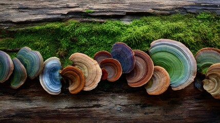 Fototapeta premium Closeup of vibrant colorful mushrooms growing on mossy wood in a forest floor scene with textural detail and natural lighting