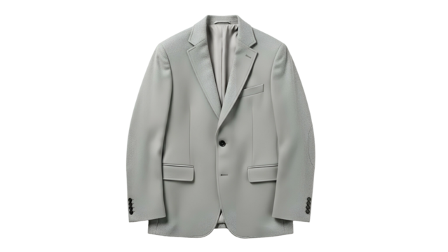 Tailored light gray single-breasted jacket displayed against a solid black background