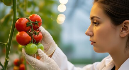 Scientist examines tomatoes in greenhouse during evening hours for research purposes on plant growth and cultivation