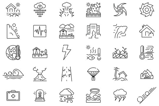 Icon for Hazard and Catastrophe. Natural disaster, earthquakes icon vector set. Earthquakes, floods, wildfires, and storms, tsunami, storm, climate change, and hazard symbols. Vector  illustration.