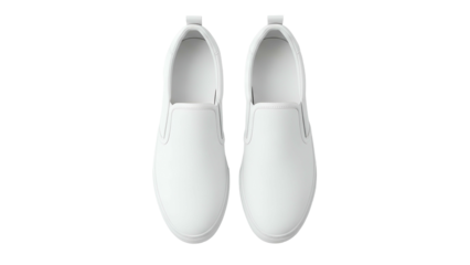 Pair of white slip on casual shoes displayed against a black background