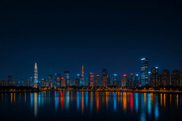 Fototapeta premium City skyline at night with illuminated buildings and river reflection 