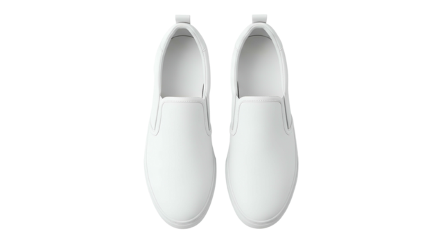 Pair of white slip on casual shoes displayed against a black background