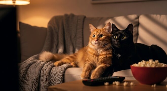 Two Funny Cats Watching TV Together &mdash; Realistic Cozy Living Room Pet Scene with Warm Light and Adorable Friendship
