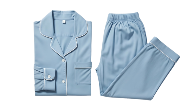 Light blue sleepwear set featuring a collared button-up top and matching elastic waist pants