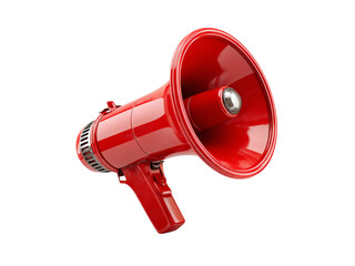 Red megaphone with metallic speaker and ribbed handle on black background communication announcement