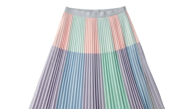 Colorful vertically striped pleated skirt displayed against a solid dark background