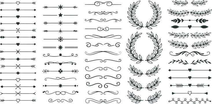Large vector set of ornamental text dividers, wedding flourishes, laurel wreaths, and page separators.