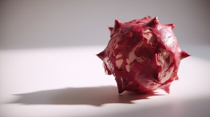 Highly detailed macro shot of a vibrant red biological sphere with spike textures and soft shadows on plain offwhite background, emphasizing organic complexity and vivid color