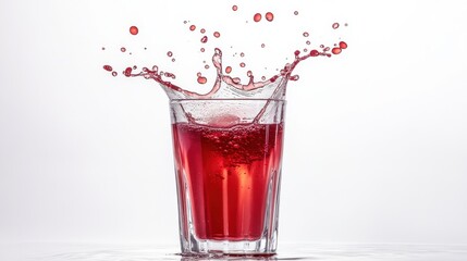 Splashing red beverage creates dynamic visual effect in a clear glass