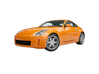Orange sports car coupe with silver alloy wheels on black background vehicle