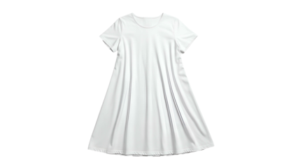 Simple short sleeved flared garment displayed against a solid dark background