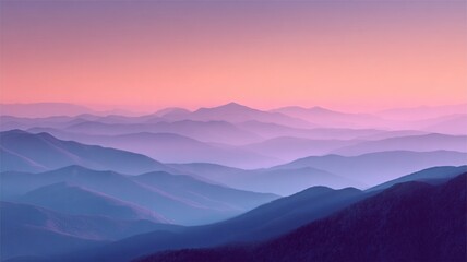 A landscape view of layered mountains with a beautiful pastel sunset above them