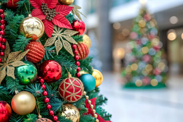 The festive Christmas tree, adorned with Christmas ornaments, in a public space.