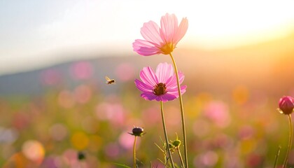 Pink Cosmos Flowers in a Field at Sunset.