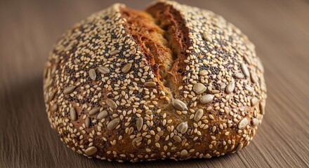 Loaf of delicious artisan seeded bread fresh from the oven baked with sunflower seeds