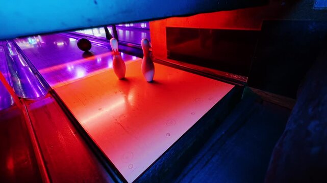 Cinematic inside view of bowling scene metaphor for conflict and information war
