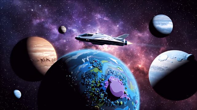 A sleek spaceship soars past vibrant cartoon planets in a colorful space nebula.