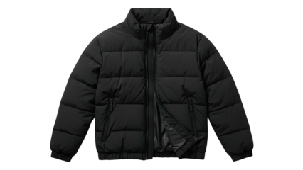 Black quilted puffer outerwear garment displays a partially unzipped front closure