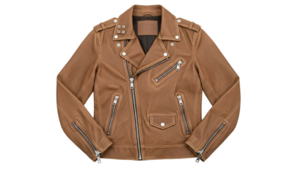Classic motorcycle style garment crafted from smooth brown material displays silver hardware details against a dark background.