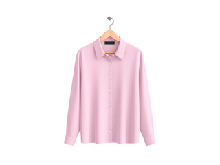Pink long sleeve collared button up shirt on wooden hanger isolated blouse clothing