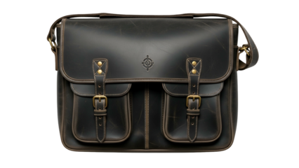 Rugged dark leather messenger bag displays contrasting stitching and metal buckles against a black background