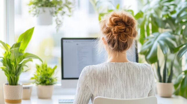 Working with Nature's Embrace: An individual finds a tranquil workspace amidst lush indoor plants, the soft natural light enhancing productivity and serenity.