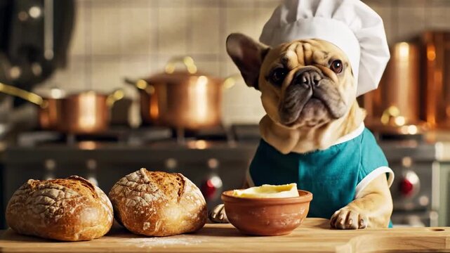 A humorous scene featuring a dog dressed as a chef, intently watching a bowl of sauce, with artisanal loaves of bread beside him in a cozy kitchen filled with cookware