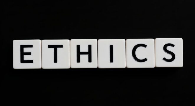 Ethics spelled out with white tiles on black concept of values morals principles