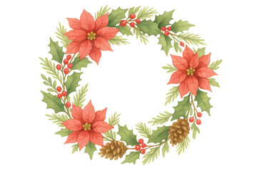 Obraz premium Watercolor christmas wreath displaying poinsettia flowers, holly berries, pine needles, and pine cones on transparent background