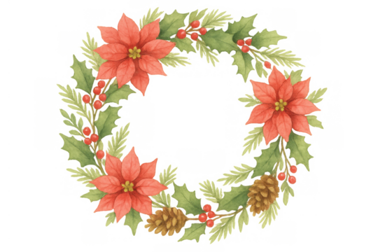Watercolor christmas wreath displaying poinsettia flowers, holly berries, pine needles, and pine cones on transparent background