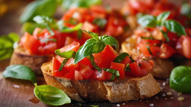 Cinematic close-up of tomato and basil bruschetta, professional food photography. Crusty grilled bread rubbed with garlic. Topped with chopped ripe tomatoes, fresh basil, drizzles of olive oil.