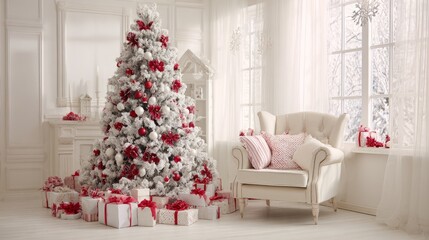 Elegant white home interior, Christmas tree with classic red and white decorations, neatly wrapped gifts beneath, soft winter ambiance