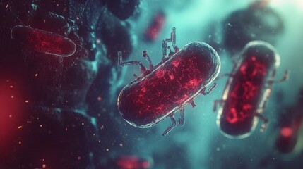 Microscopic view of bacteria glowing in a dark environment during a scientific study on microorganisms