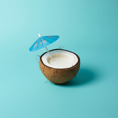 A minimalist tropical concept image showcases a half coconut shell filled with white liquid, resembling coconut milk, set against a bright turquoise background.
