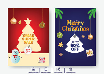Christmas Celebration Party A4 Print Poster Flyer Template, Editable Holiday Sale Promotion, Happy New Year Festive Event Invitation Brochure Layout with Modern Background Illustration