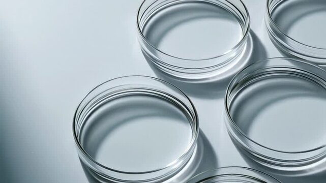 Clear petri dishes arranged in neat rows, laboratory equipment for scientific experiments, symbolizing meticulous research and innovation