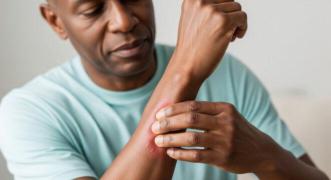 Concerned African American man examining a painful red skin irritation or insect bite on his forearm