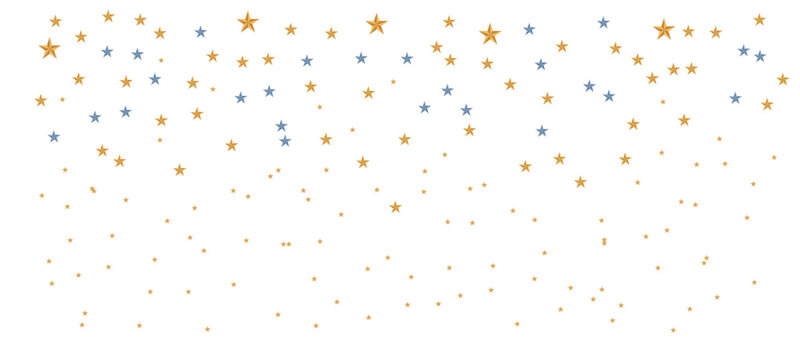 Festive background with gold stars and blue dots falling down isolated on white background, perfect for celebrations and special occasions