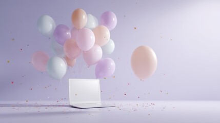 Festive celebration scene with colorful balloons floating above a sleek open laptop on lavender background, vibrant confetti enhancing joyful energetic atmosphere, ideal for digital events or tech ce