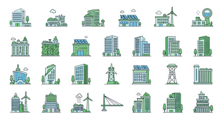 Set of green city building icons modern flat vector illustration for sustainable urban development isolated on white background