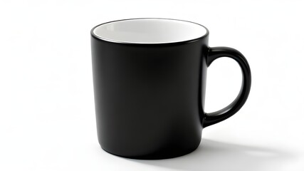 A close-up, isolated shot of a clean, cylindrical ceramic mug. The exterior of the mug is solid black (possibly matte or semi-gloss), and the interior is white, creating a strong visual contrast